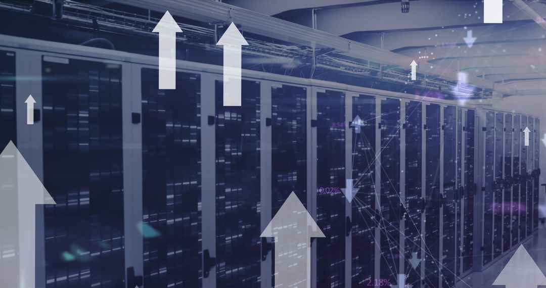 Digital Composite of Arrows Over Illuminating Data Centers Indicating Growth