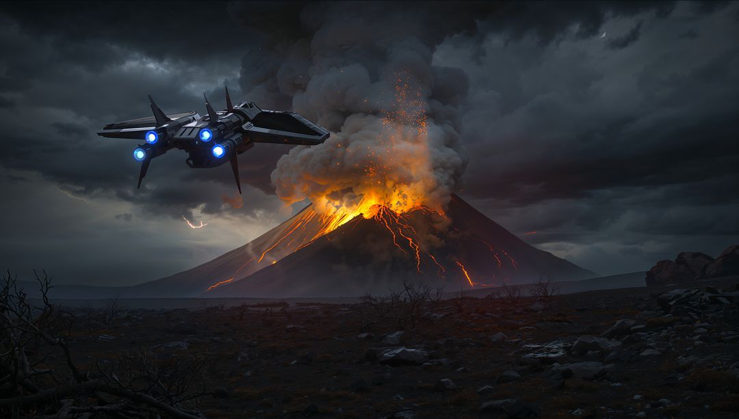 Futuristic Spacecraft Exploring Volcanic Eruption Zone
