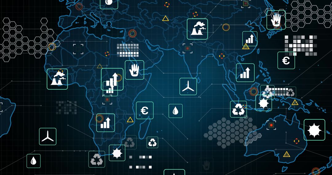Global Eco Icons Data Processing Over World Map