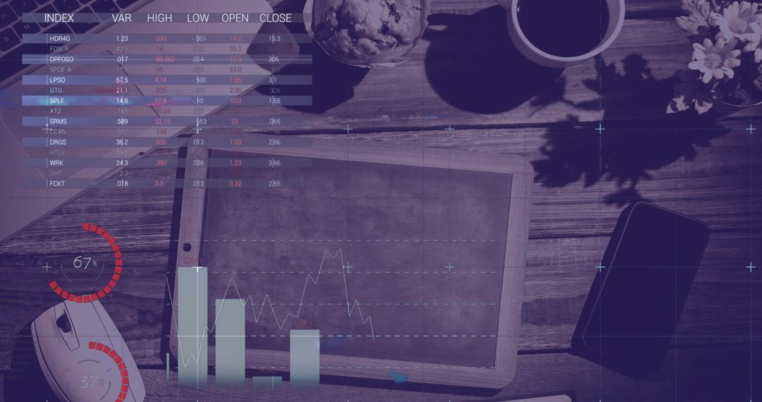 Digital Financial Data Analysis Overlaid on Desk with Tablet and Coffee