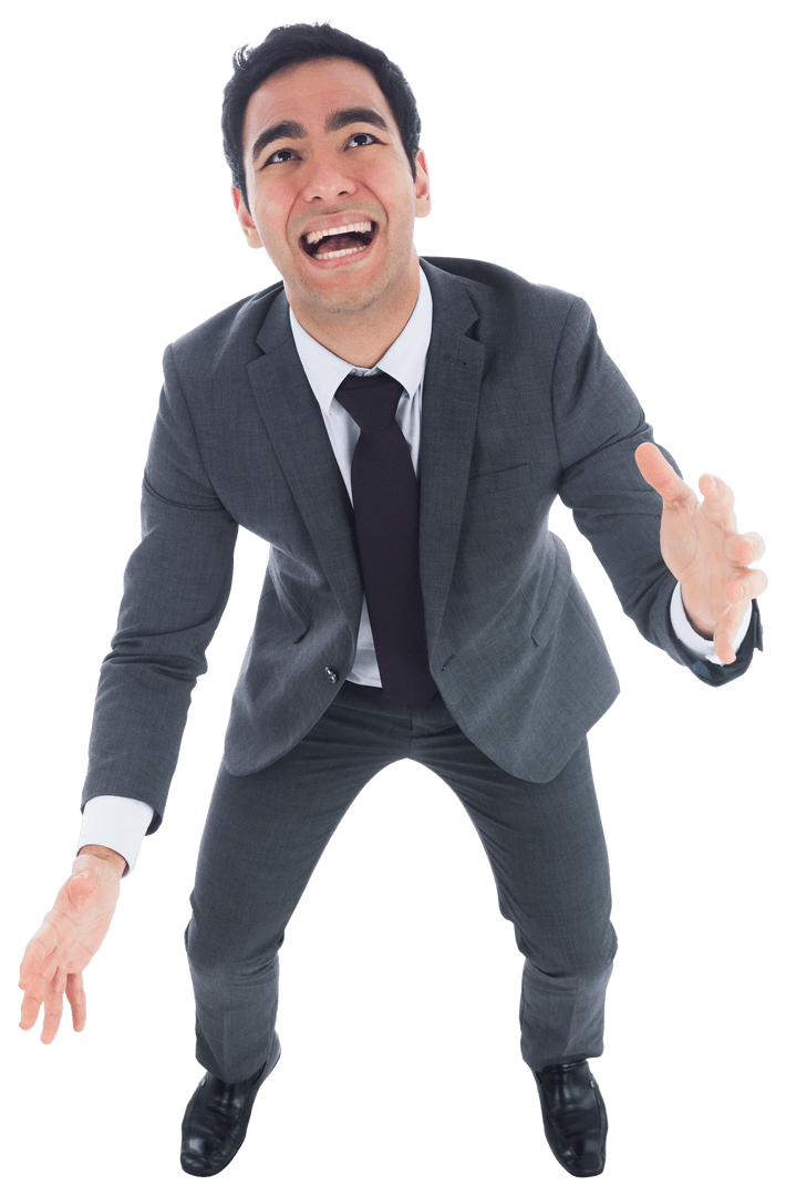 Joyful Biracial Businessman Reaching Up on Transparent Background
