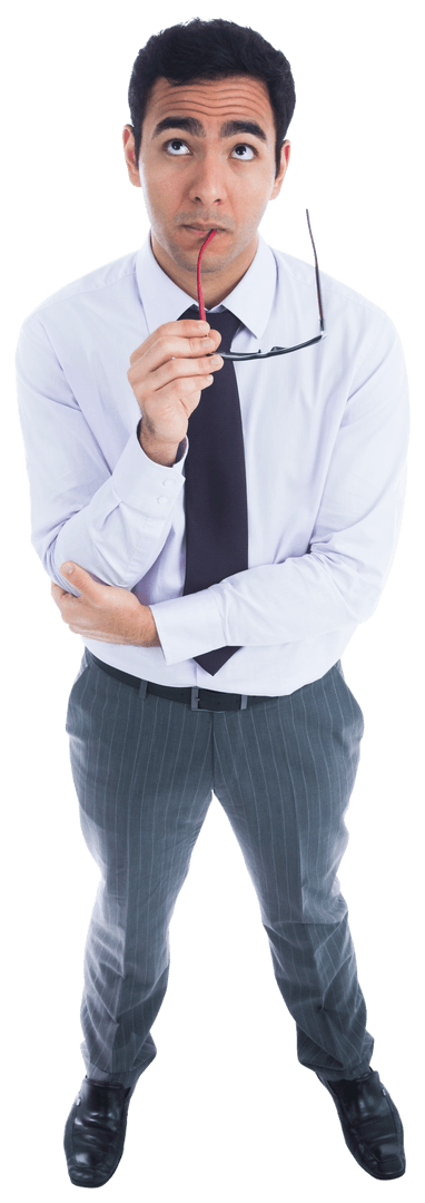 Wondering Businessman with Glasses on Transparent Background