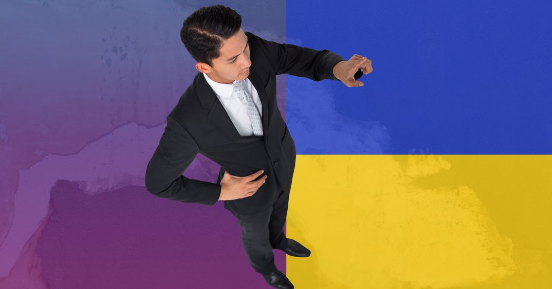Asian businessman touching invisible screen against ukraine flag design background - Free Images, Stock Photos and Pictures on Pikwizard.com