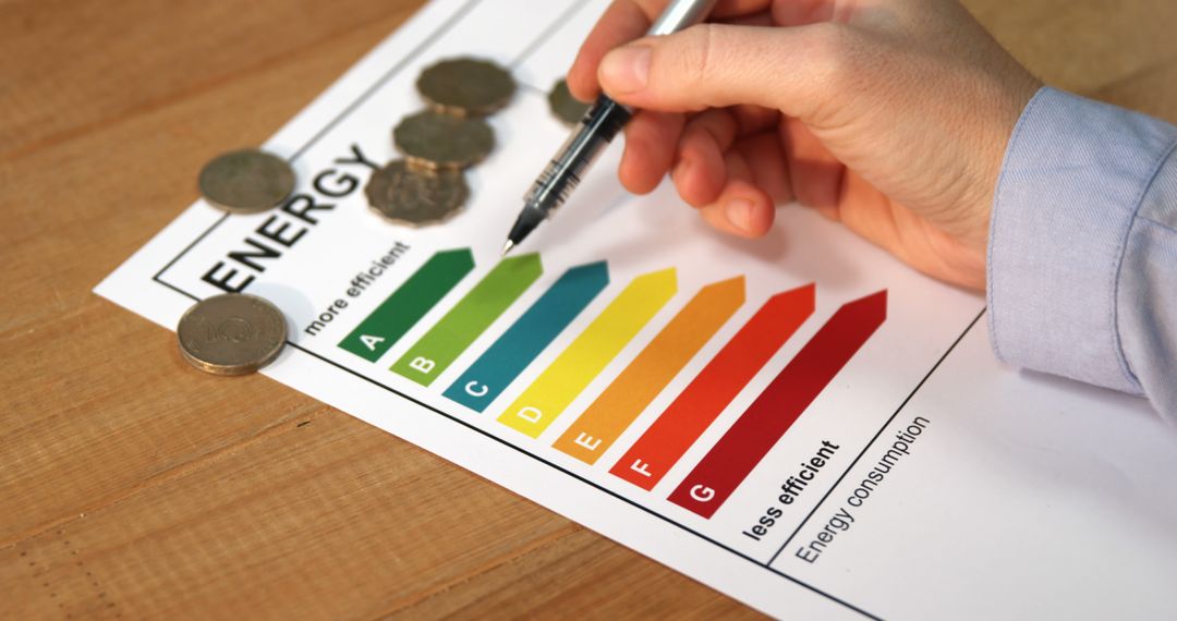 Marking Energy Efficiency Chart with Pen and Coins in View - Free Images, Stock Photos and Pictures on Pikwizard.com