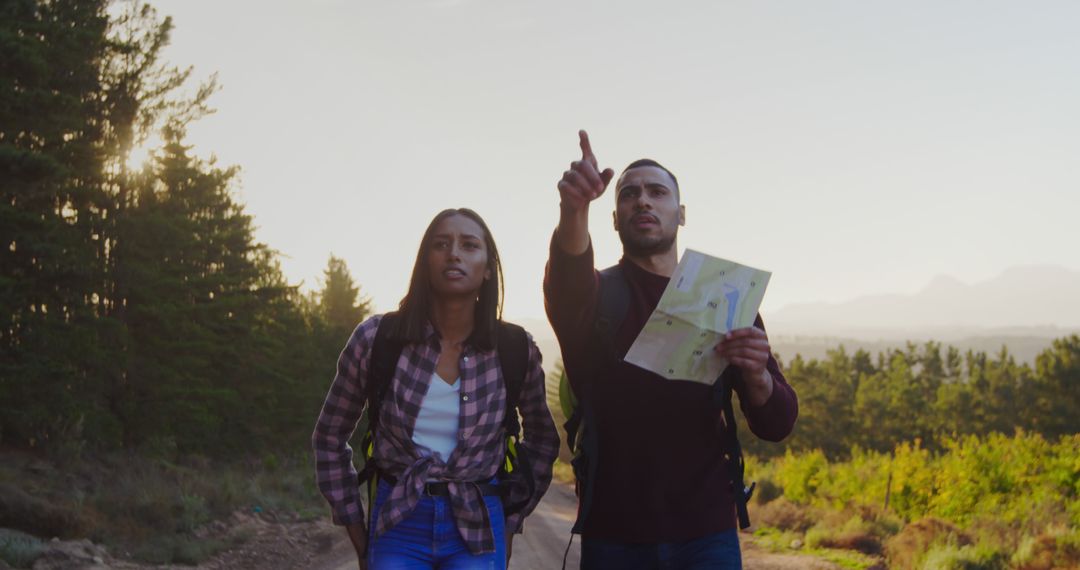 Couple Navigating Trail on Adventurous Hike with Map