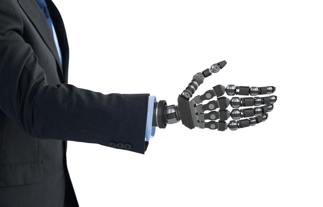 Businessperson with Transparent Robotic Hand for Technology and Innovation