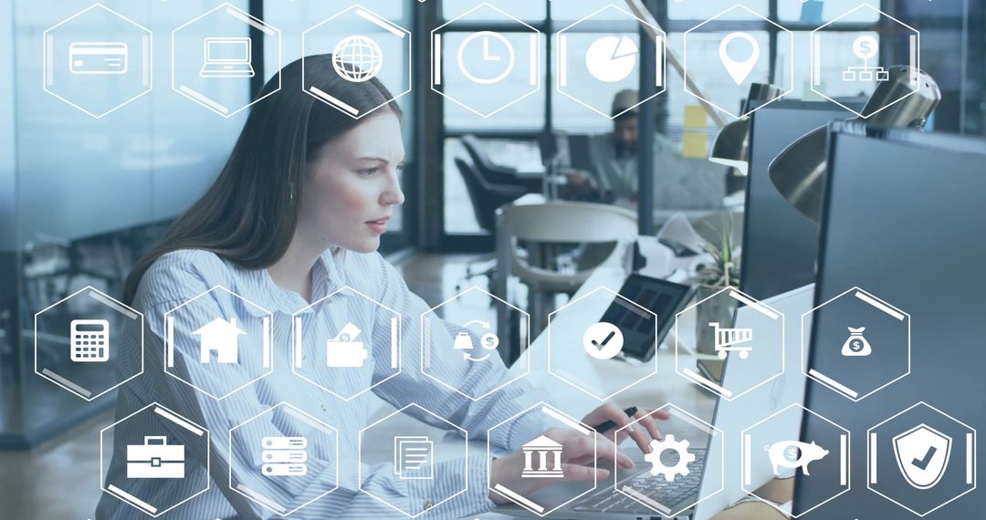 Businesswoman Using Computer with Digital Interface Icons at Office