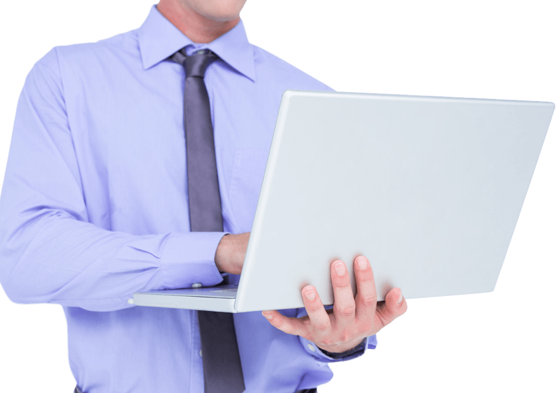 Transparent Businessman in Shirt Using Laptop Enthusiastically