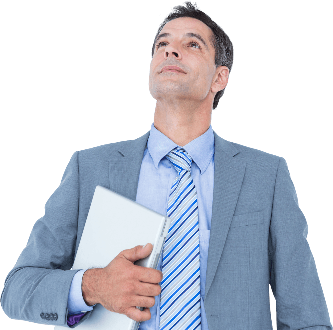 Confident Businessman Holding Laptop on Transparent Background