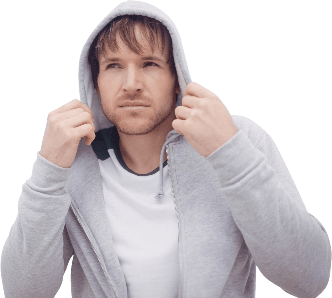 Caucasian Man in Grey Hoodie on Transparent Background
