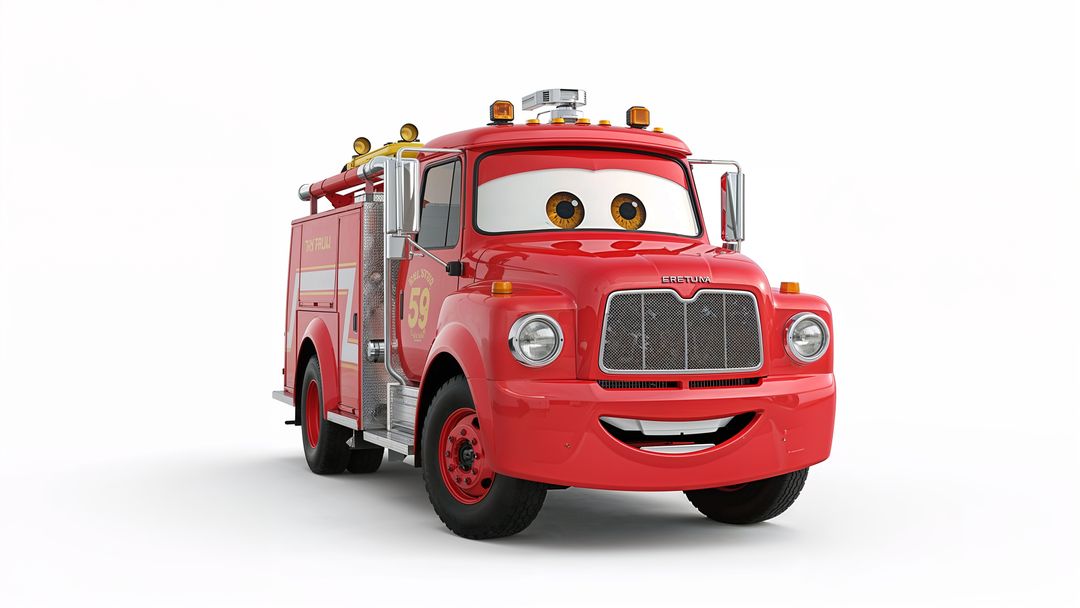 Cheerful Cartoon Red Fire Truck with Smiling Face and Ladders