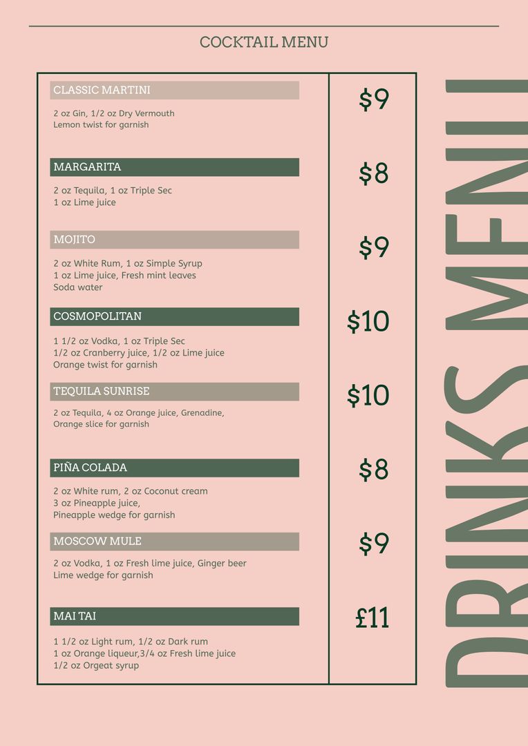 Elegant Pink Cocktail Menu Template for Bars and Events - Download Free Stock Templates Pikwizard.com