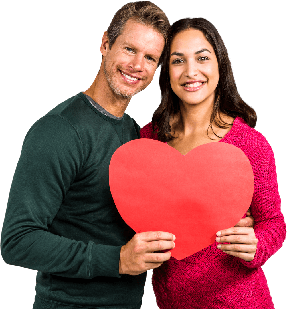 Smiling Couple Holding Large Red Heart Transparent