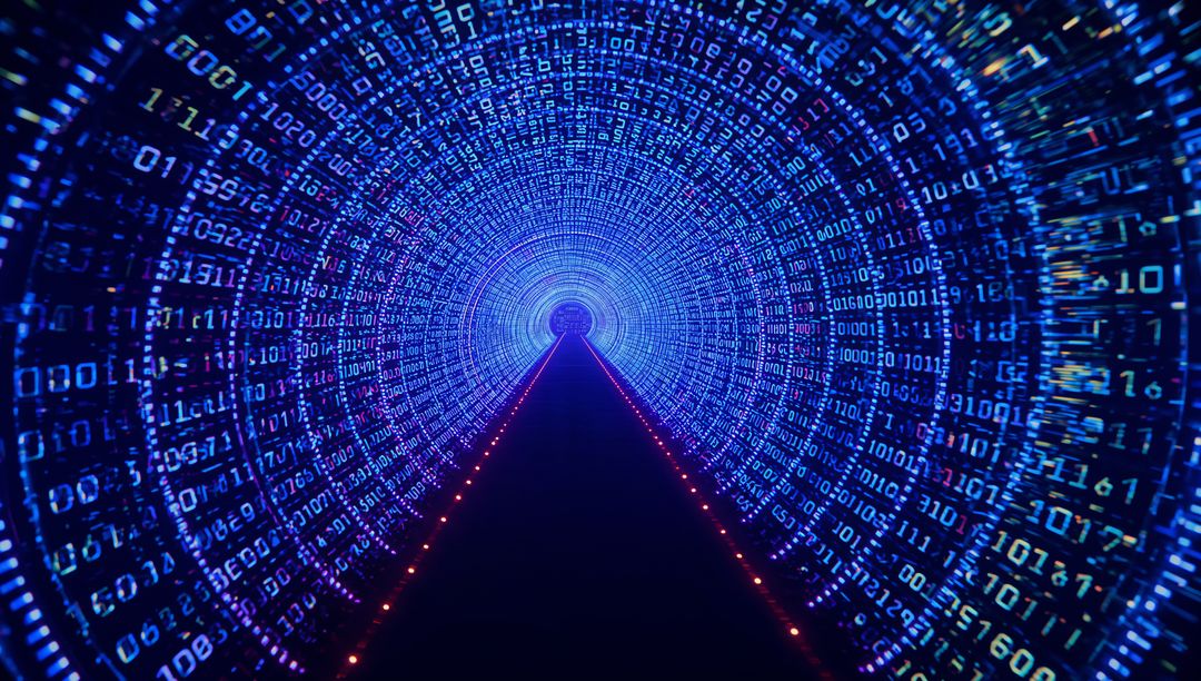 Futuristic Cyber Data Tunnel with Glowing Binary Code