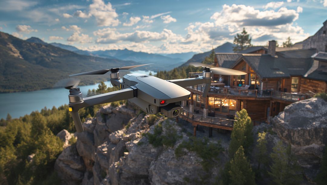 Drone Over Mountain Cabin Capturing Stunning Lake and Cliff Scenery