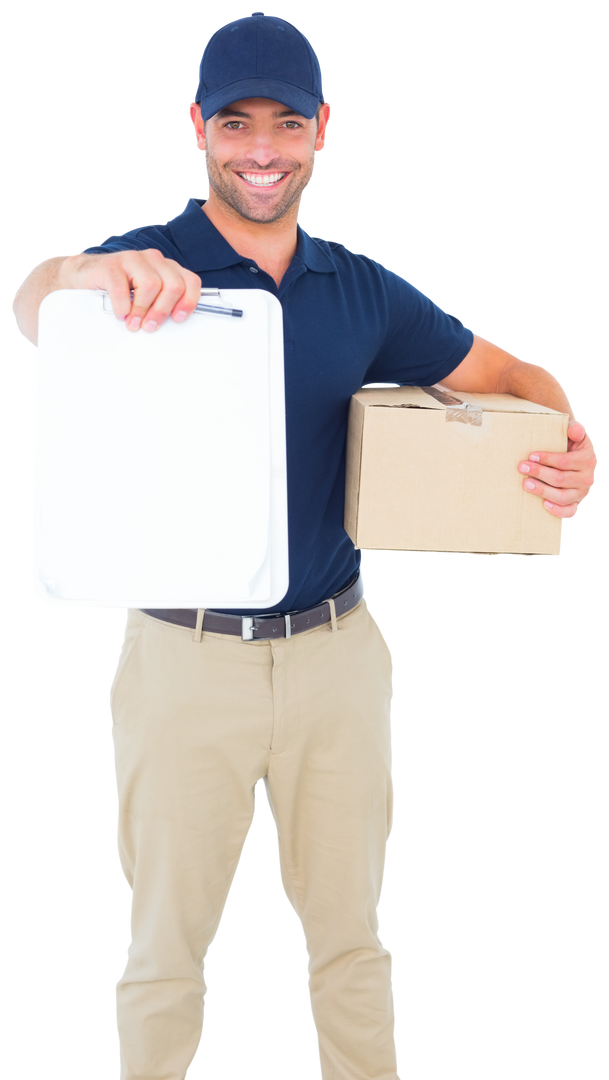 Transparent Delivery Worker Smiling Holding Package and Clipboard - Download Free Stock Images Pikwizard.com