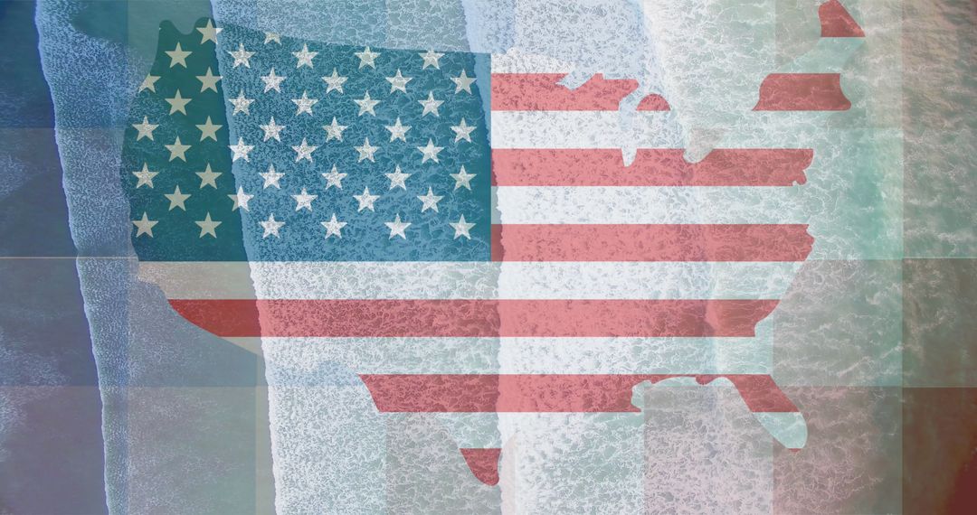USA Map Overlay on Ocean Waves with American Flag