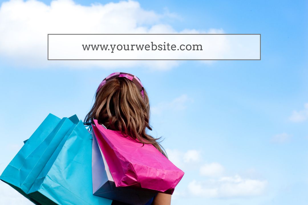 Joyful Shopper with Colorful Bags Against a Blue Sky