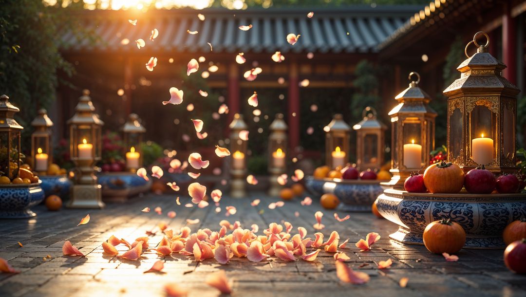 Serenity in a courtyard with floating rose petals at dusk, vishu festival