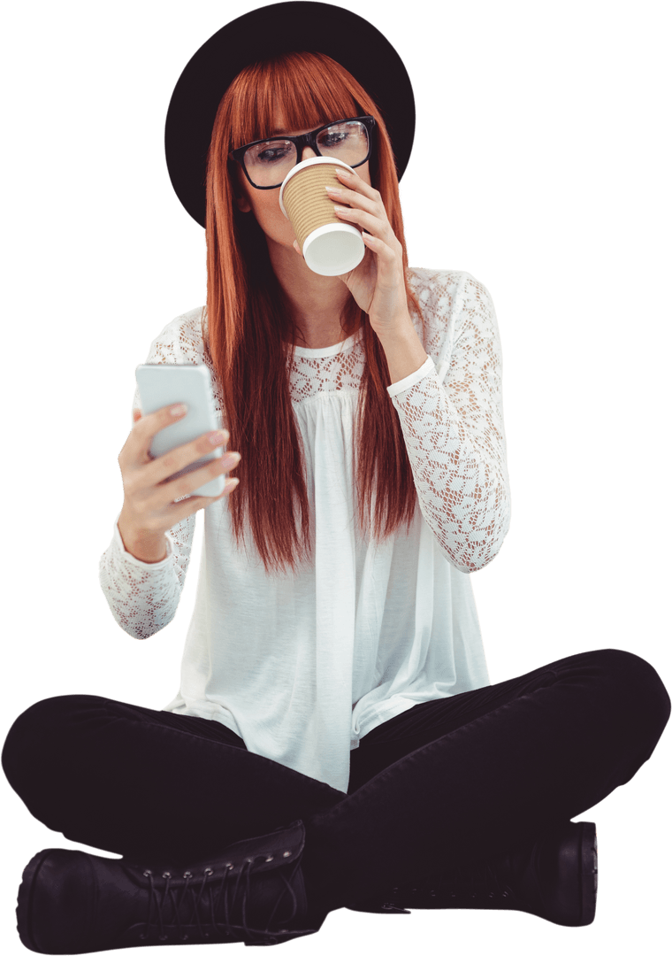 Transparent Hipster Woman Drinking Coffee and Using Smartphone