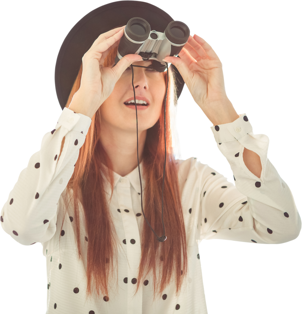 Transparent Smiling Hipster Woman Using Binoculars with Perplexed Expression - Download Free Stock Images Pikwizard.com