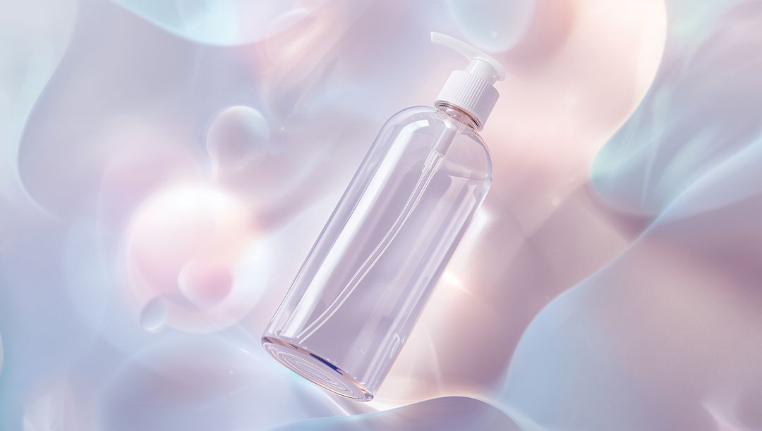 Floating Clear Pump Bottle Against Abstract Pastel Gradients