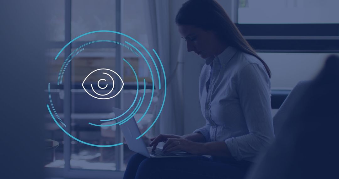 Businesswoman Using Laptop with Digital Interface Overlay