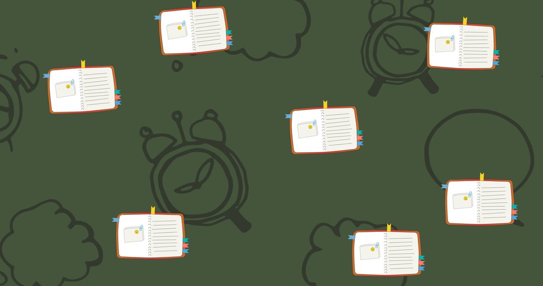 Pattern of Open Notebooks with Clock Motifs on Green Background