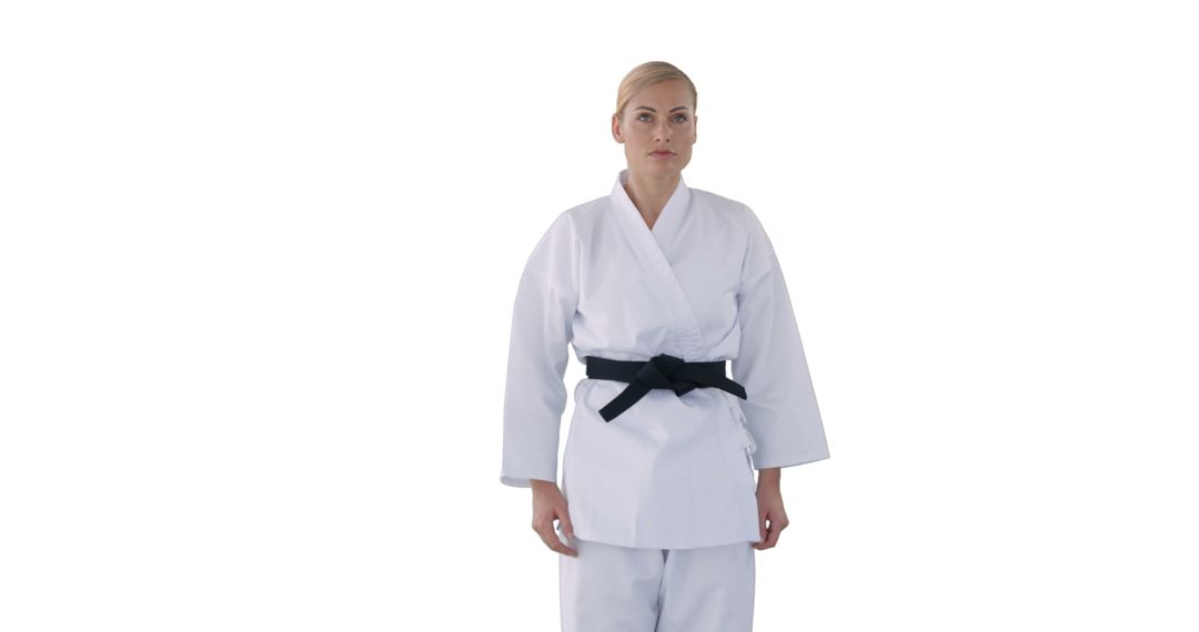 Confident Female Martial Artist in Karate Gi with Black Belt on White Background - Free Images, Stock Photos and Pictures on Pikwizard.com