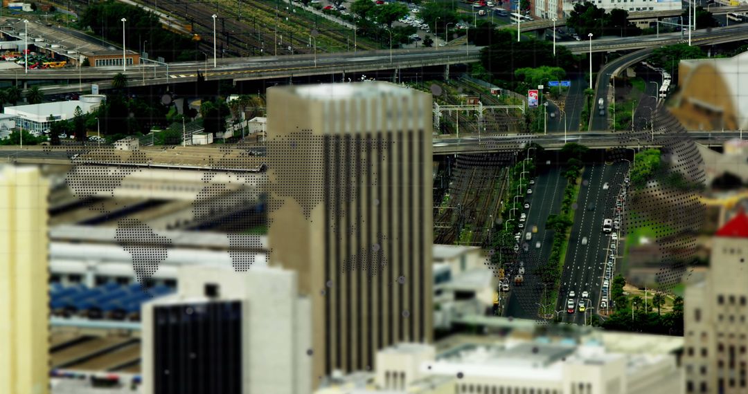 Digital Data Overlay on Urban Cityscape with World Map Visualization