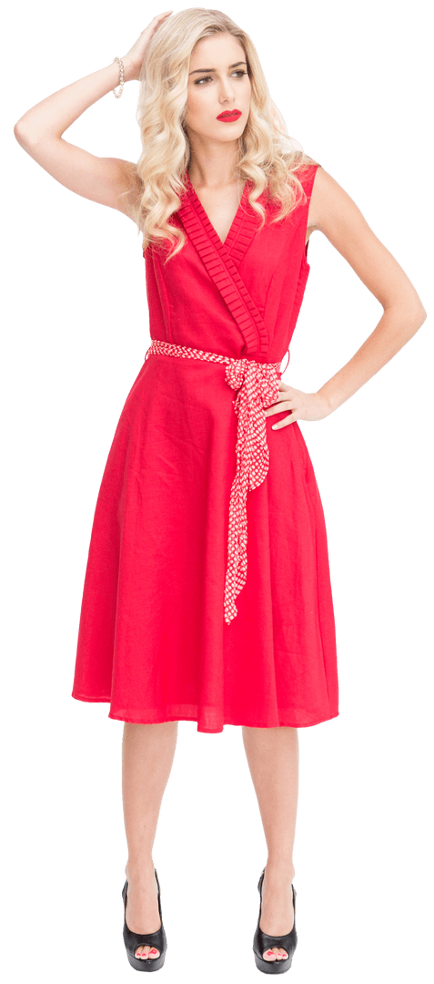 Elegant Blonde in Stylish Red Dress on Transparent Background