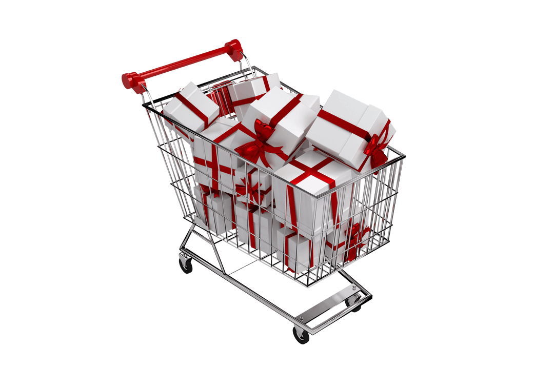 Shopping Cart Full of Gift Boxes with Ribbons on Transparent Background