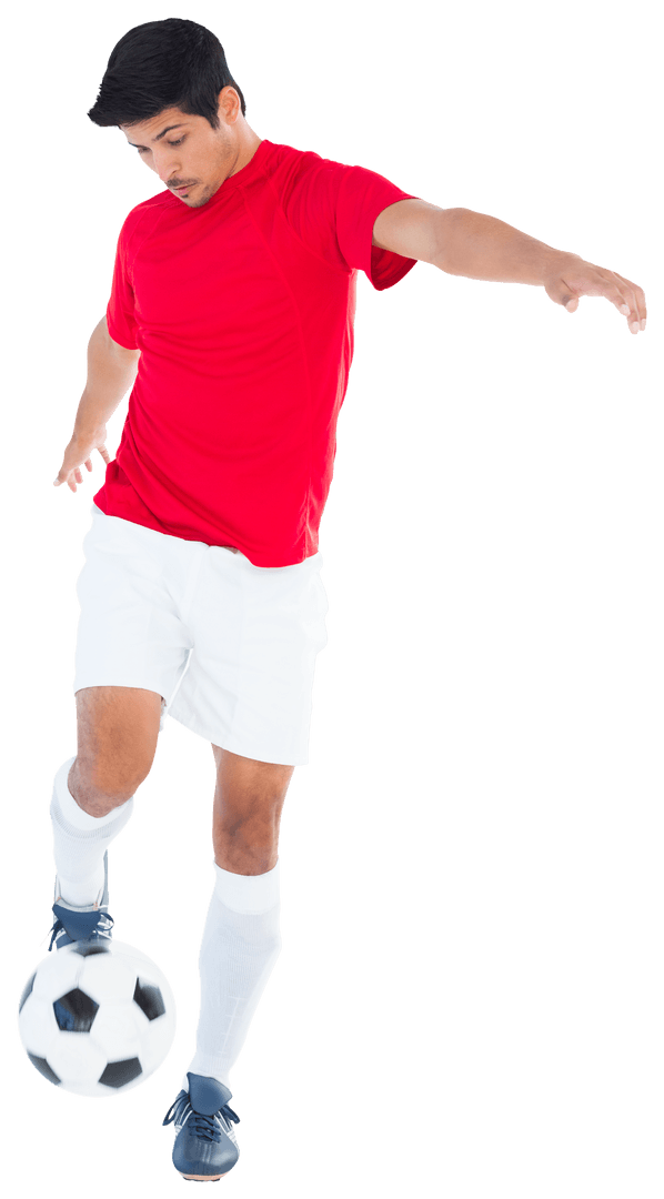 Biracial Male Football Player Kicking Ball on Transparent Background
