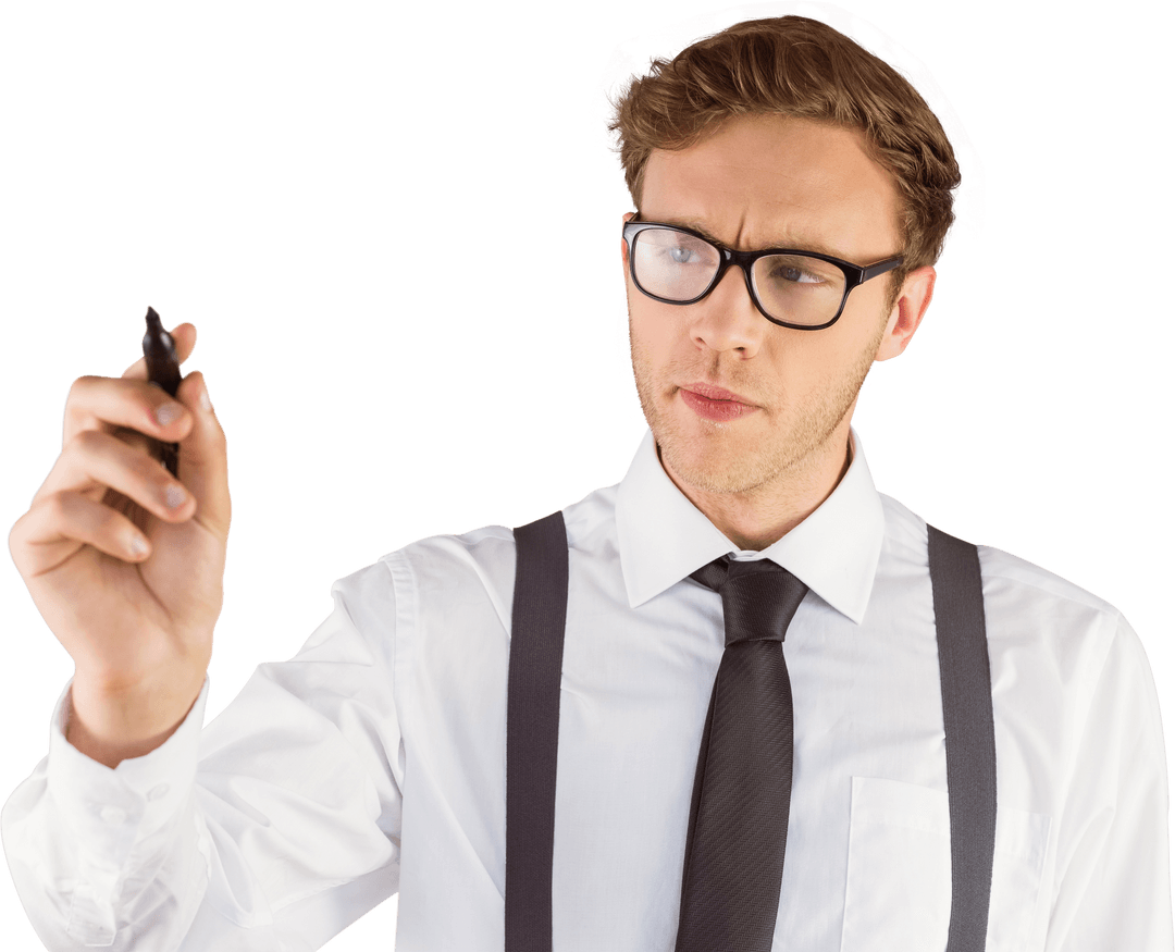 Transparent businessman writing with focus and clarity