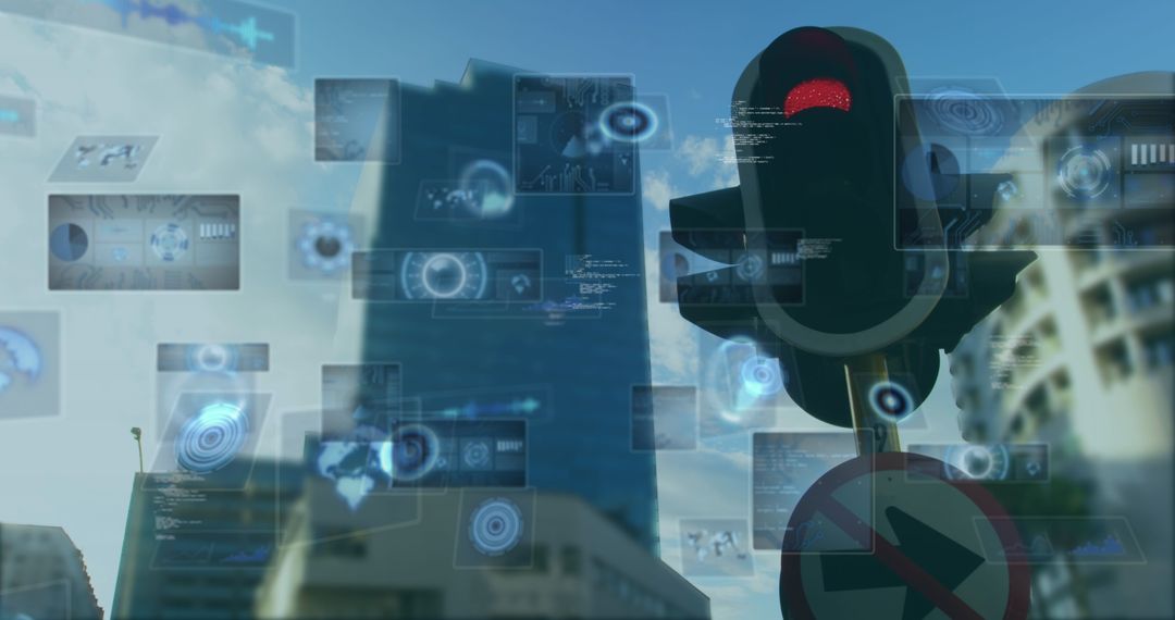 Digital Interface Screens Overlaying Urban Cityscape