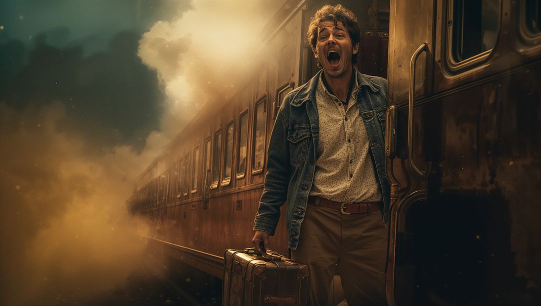 Traveler Capturing Adventure on Rustic Steam Train Journey