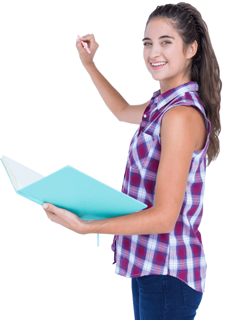 Transparent Image of Young Woman Writing Holding Notebook