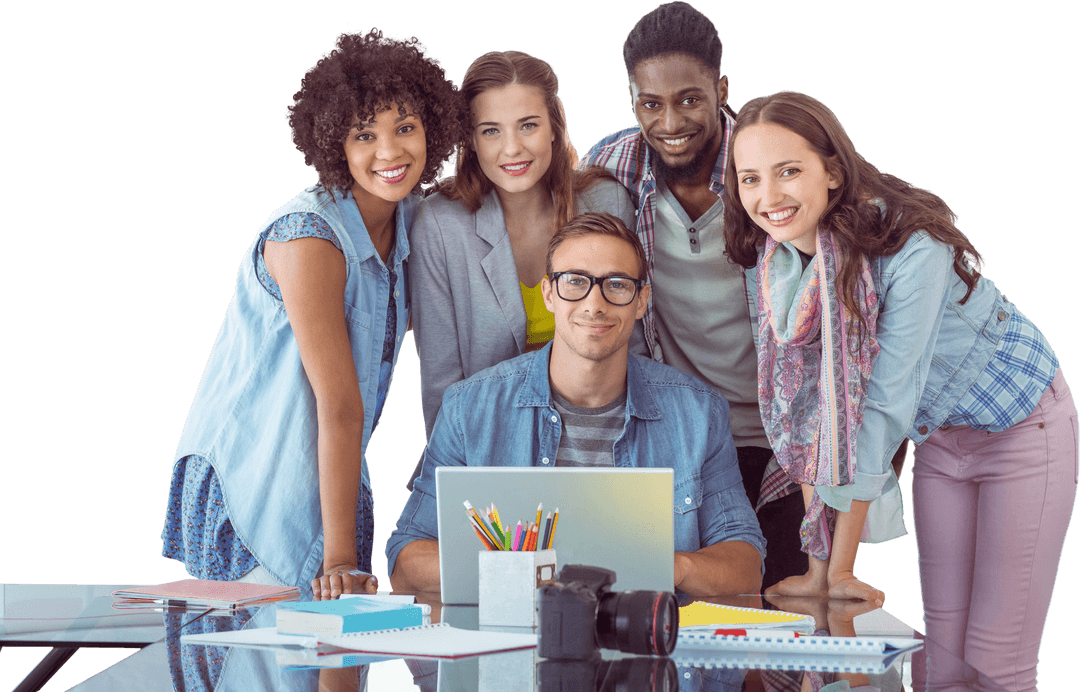 Diverse Students Collaborating on Creative Project with Laptops Transparent