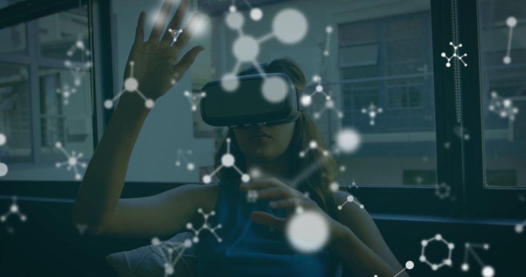 Woman Exploring Virtual Reality with Molecular Background