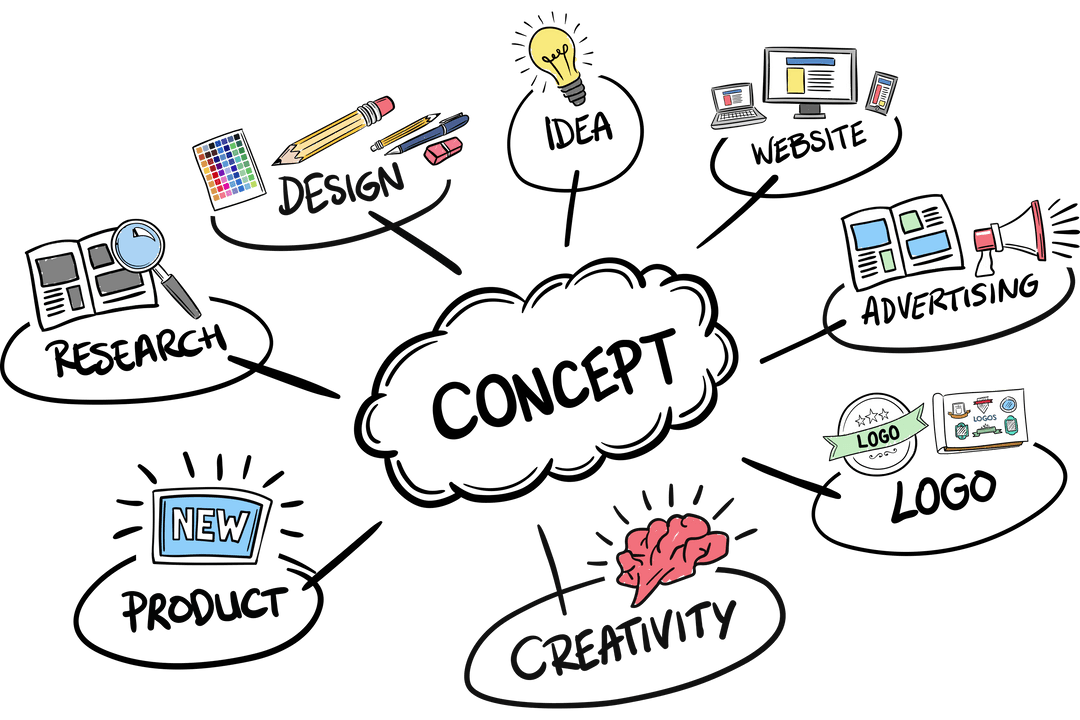 Creative Business Icons and Texts on Transparent Background