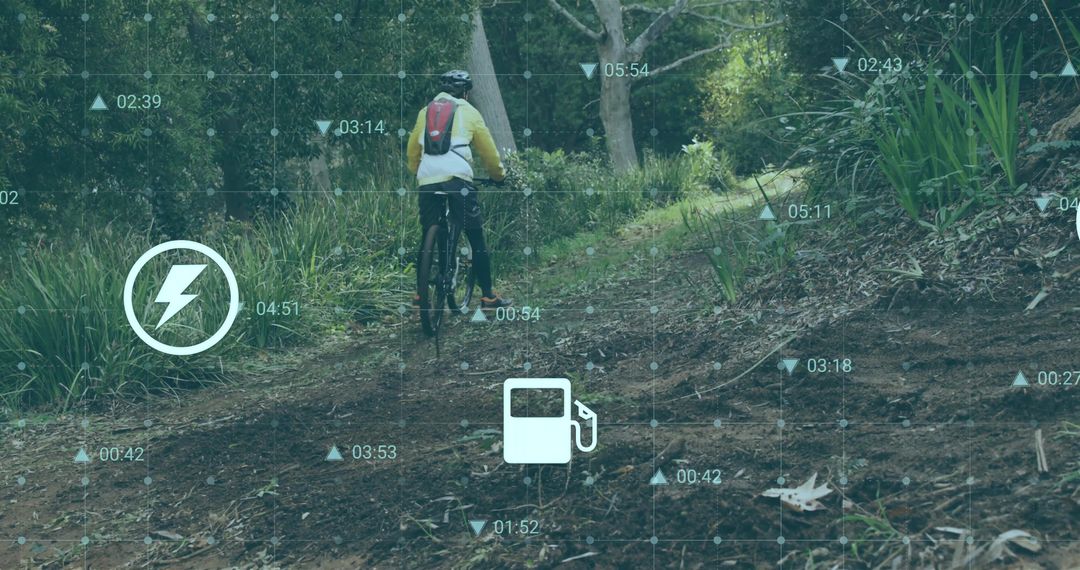 Explorer Riding Mountain Bike on Scenic Forest Trail with HUD Display