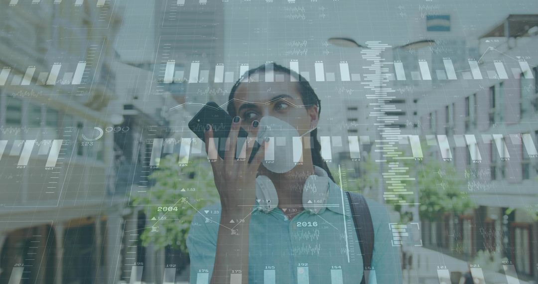 Masked Man Observing Data Projections Outdoors