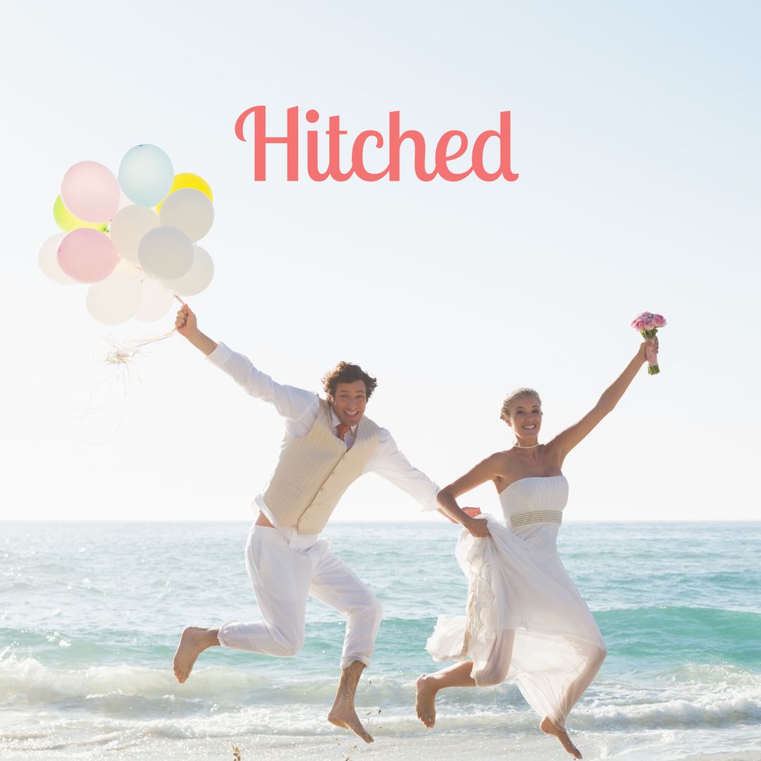 Joyful Newlyweds Jumping on a Sunlit Beach Celebration - Download Free Stock Templates Pikwizard.com