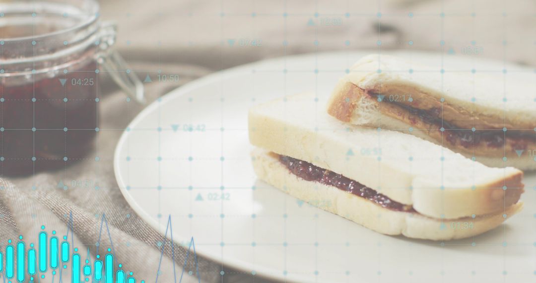 Displaying jam sandwich on ceramic plate with rustic breakfast jar and digital overlay