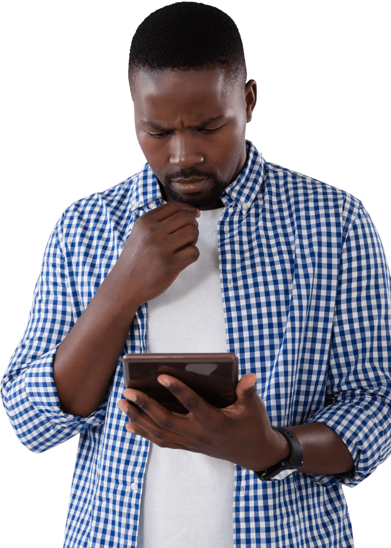 Focused Man Using Digital Tablet on Transparent Background