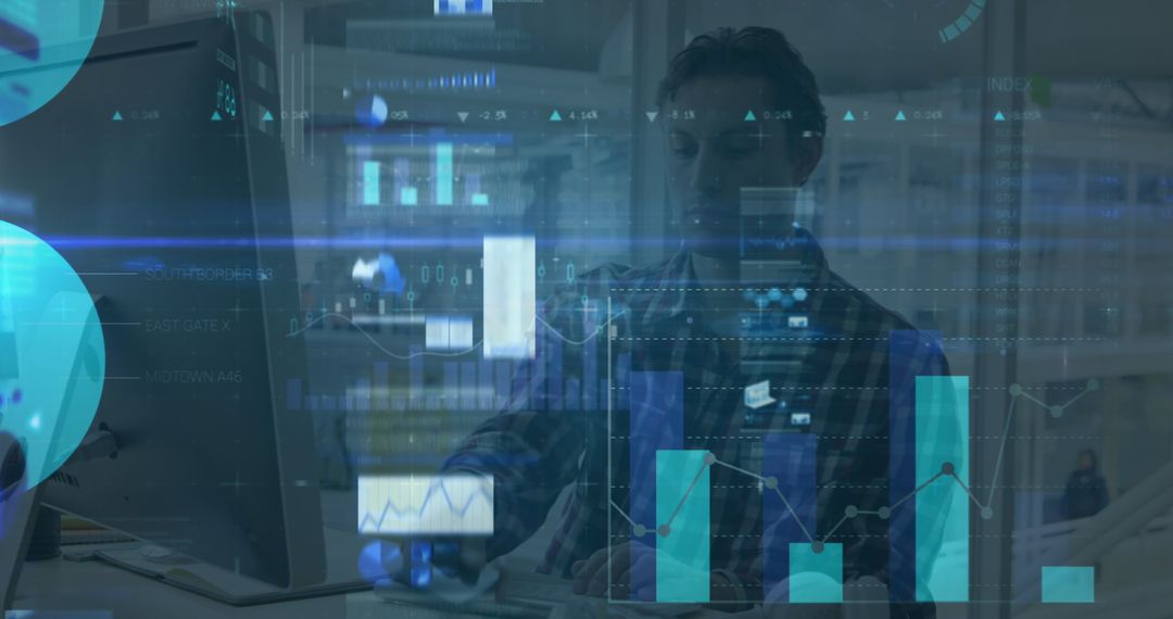 Caucasian Businessman Analyzing Digital Data with Integrated Interface