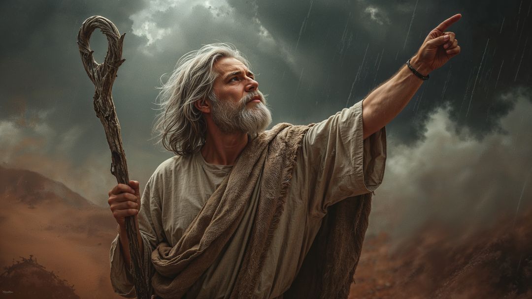 Nomadic moses adventurer on mystic hillside in thunderstorm