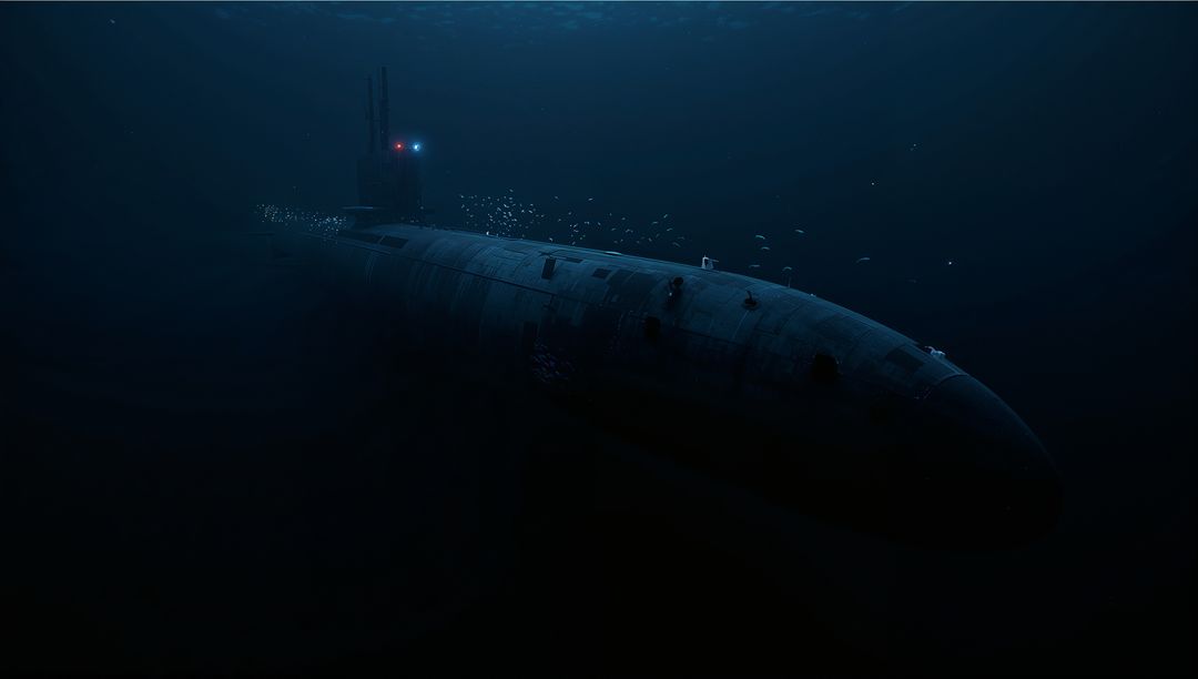 Silent Submarine Navigating Abyssal Depths with Red Blue Navigation Lights and Hull Silhouette