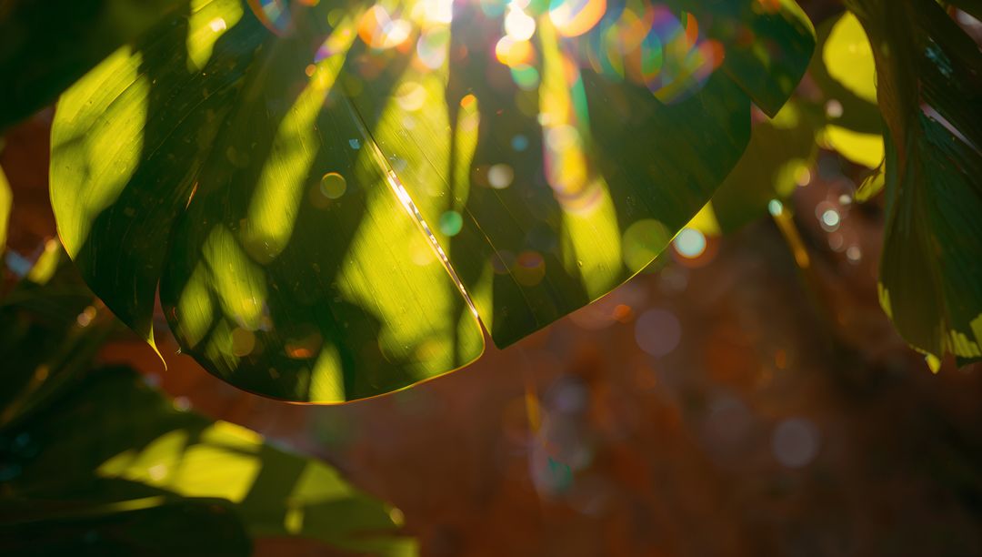 Sunlight Filtering Through Tropical Leaf With Colorful Lens Flare