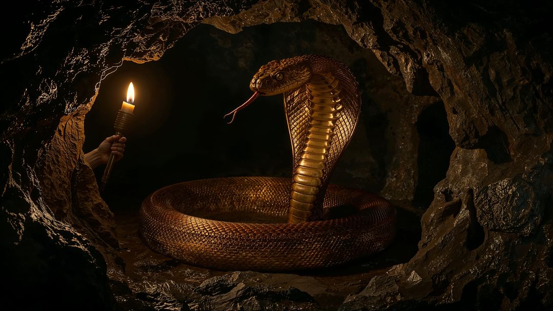 Cave Exploration with Coiled Cobra Illuminated by Torch